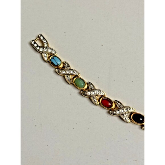 Vintage Goldtone Multi-Stone Link Bracelet – Fold Over Clasp - Picture 9 of 13